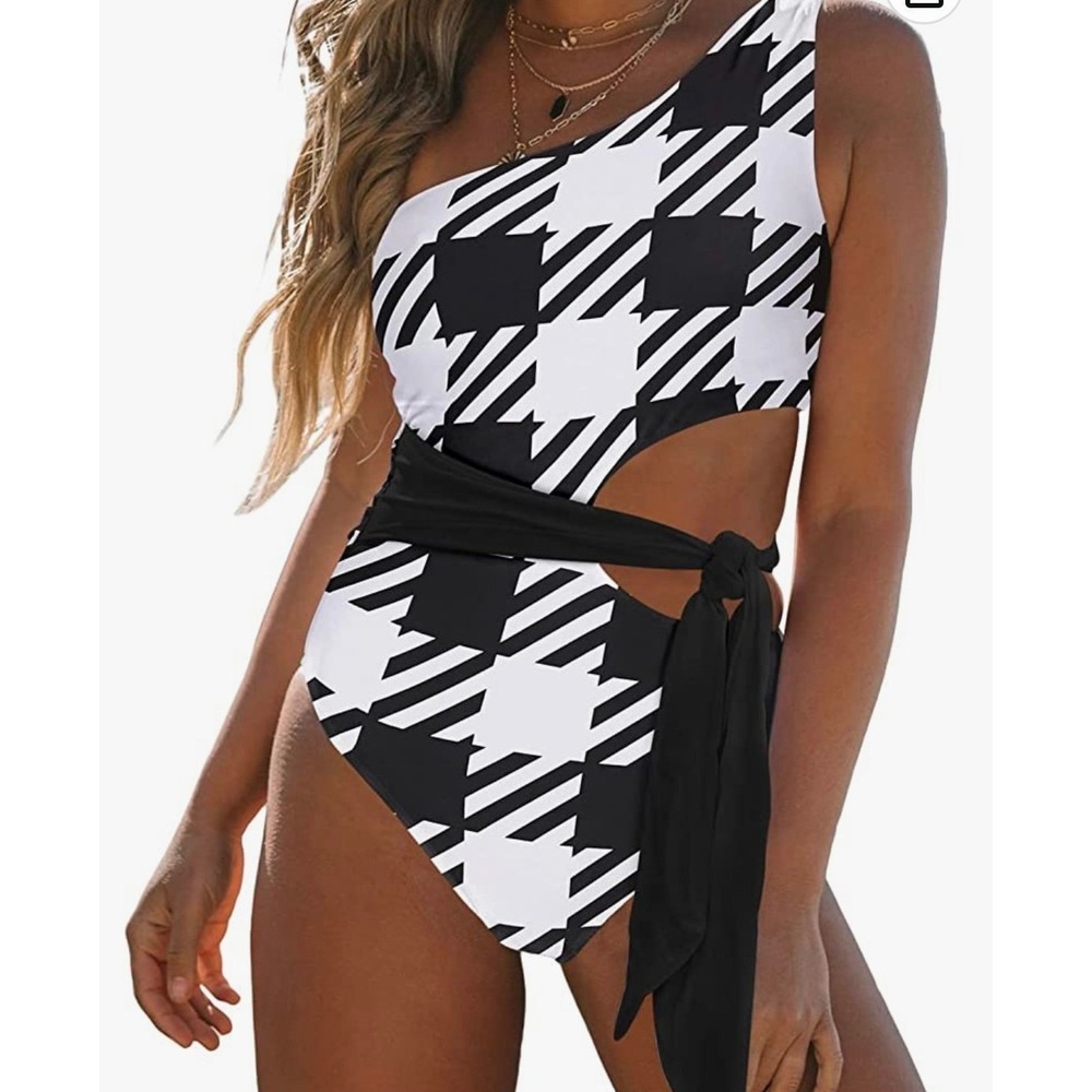 Black White Buffalo Plaid One Shoulder Cutout One Piece‎ Swimsuit Monokini Small